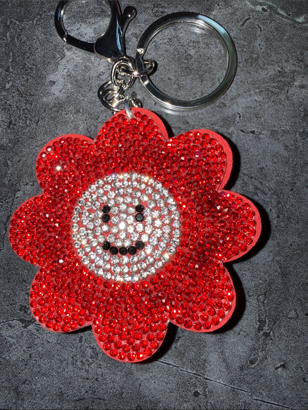 Red Crystal Flower Smile Keychain Charm